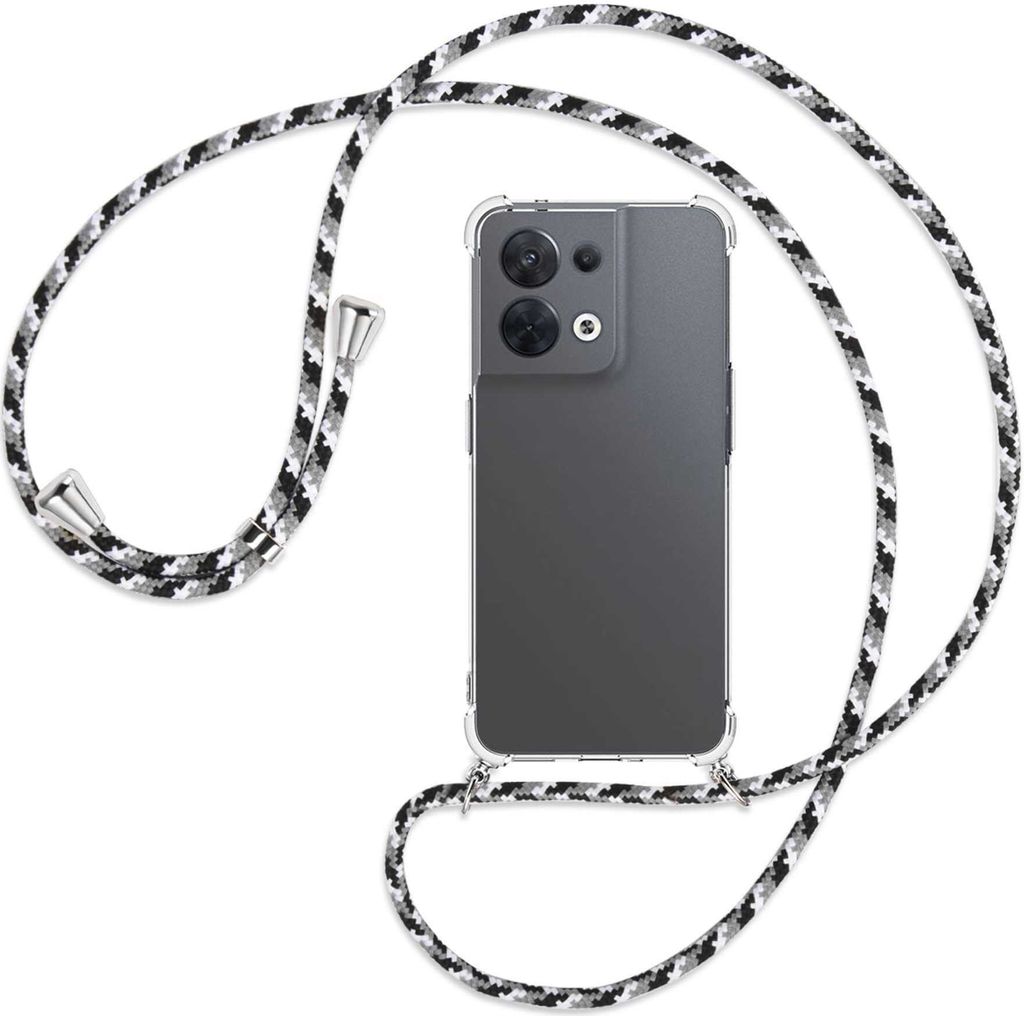 Handykette Backcover-Schutzhülle mit Band (Metall silberfarben) für Oppo Reno8 5G (CPH2359, 6.4'') - schwarz/grau/weiß
