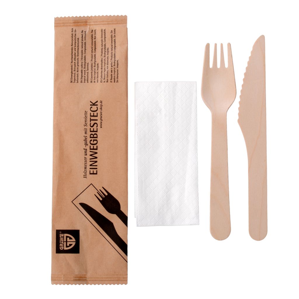 Holzmesser und Gabel mit Serviette 25-tlg. Set
