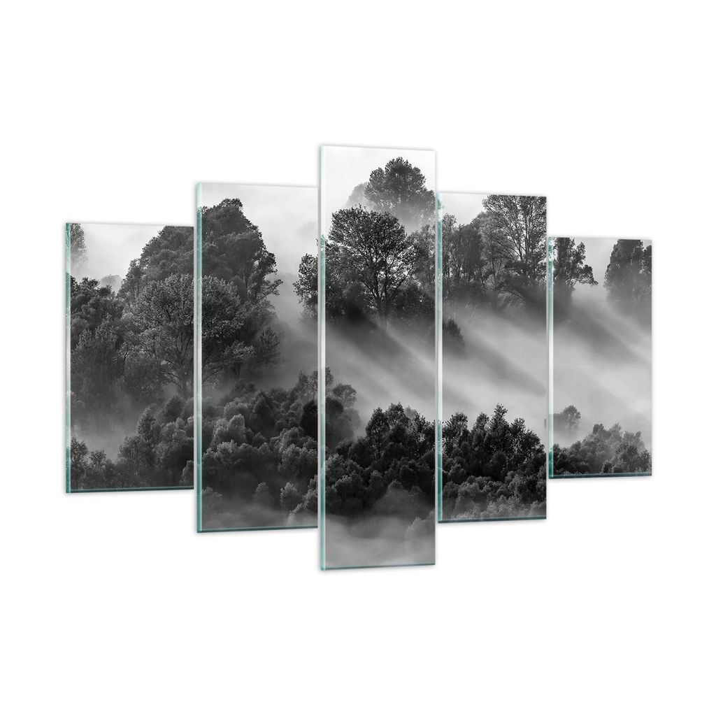 Bilder auf glas - 5 Teile - Schwarzweiß Bäume Nebel - 150x100cm - Glasbilder - Wandbilder - Bilder - zum Aufhängen bereit - Wanddekoration aus G...