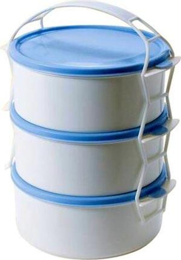 A stack of three round food containers with blue lids and rims, connected by a white carrying handle.
