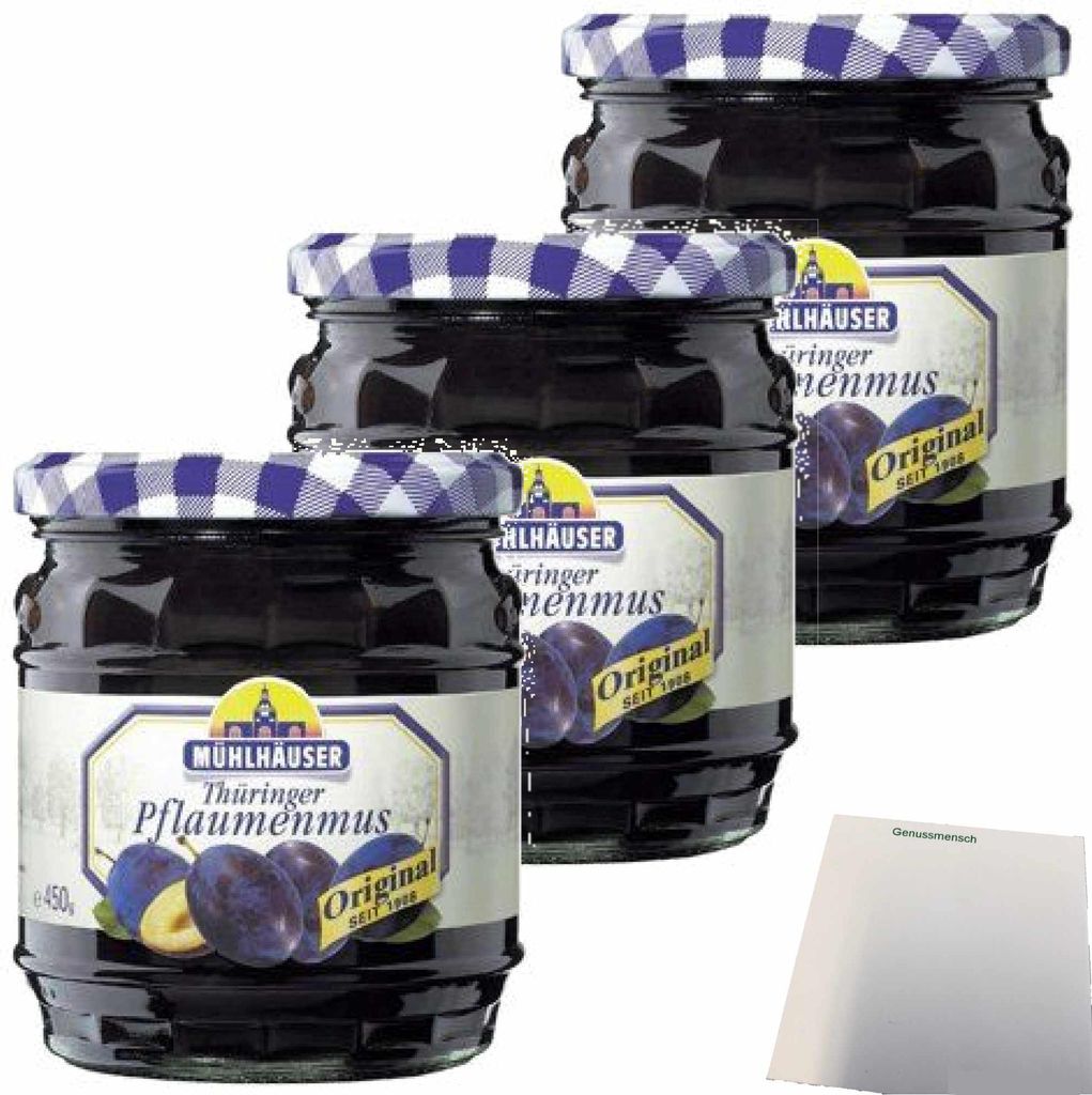 Mühlhäuser Pflaumenmus 3er Pack (3x225g Glas) + usy Block