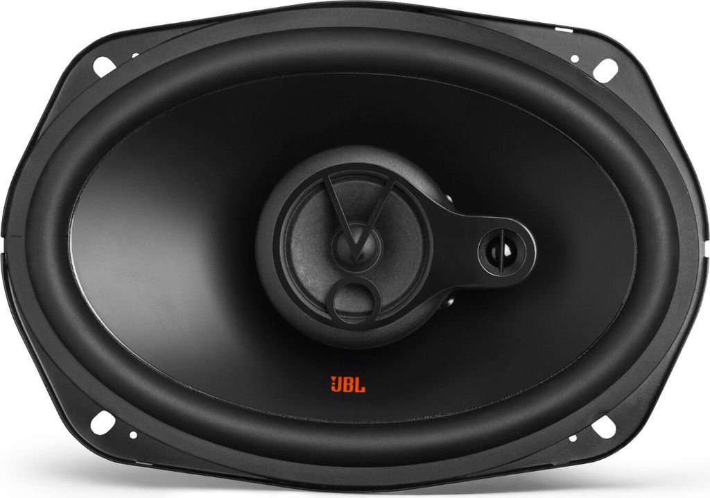 A studio shot of a black oval car speaker.