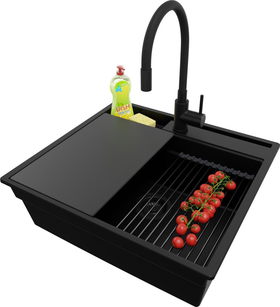 PRIMAGRAN Granitspüle Alles Schwarz 58x53cm, Spülbecken 1 Becken + Ablauf-Set + Küchenzubehörset, Küchenspüle ab 60er Unterschrank - Oslo Pocket