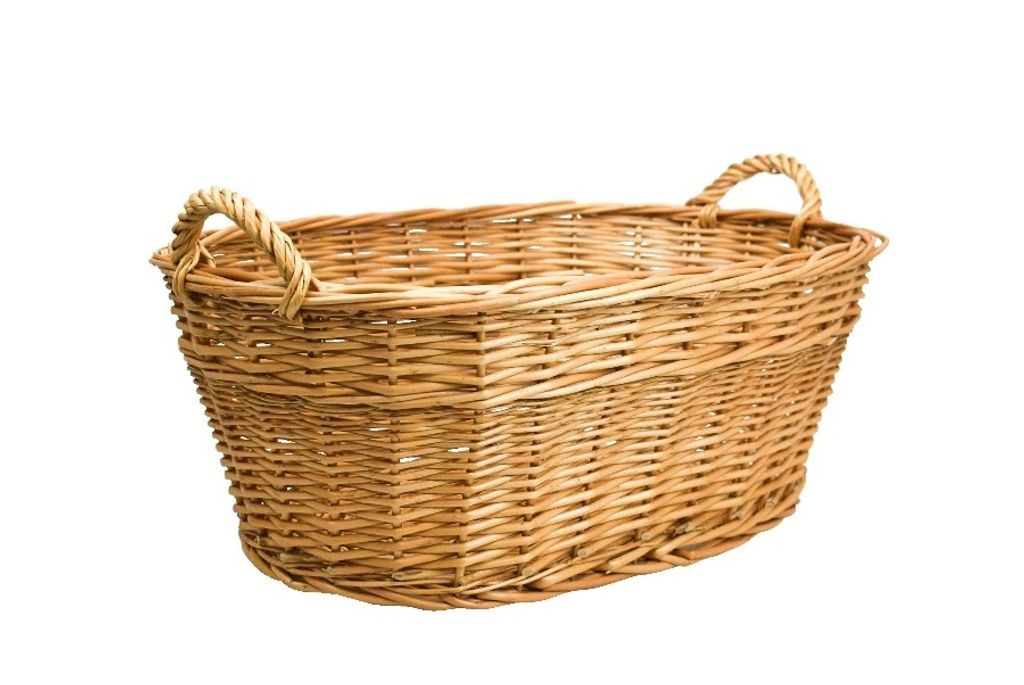 A woven basket with handles on a white background.