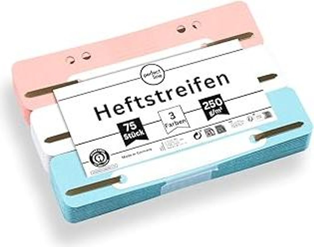 perfect line - 75 Heftstreifen Pappe, recycling Karton, 250 g/m², 3 Farben (Weiß, Rosa, Hellblau), Germany, Heftlaschen Blauer Engel