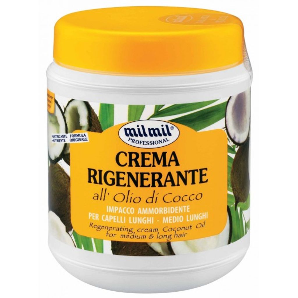 A product shot of a hair mask jar with a yellow lid, featuring coconut imagery and text.