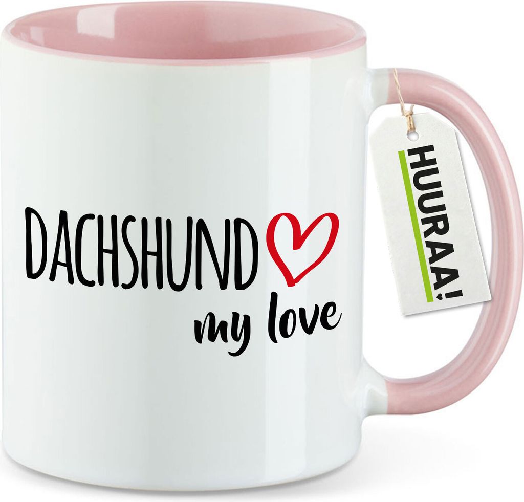 Huuraa Kaffeetasse Dachshund my love 330ml Rosa Keramik Kaffeebecher Geschenkidee