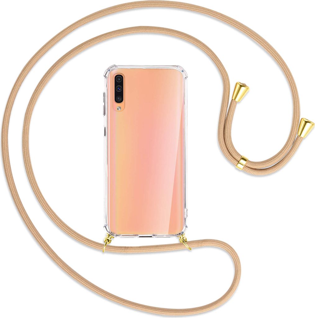 Handykette Backcover-Schutzhülle mit Band (Metall goldfarben) für Samsung Galaxy A50 - beige