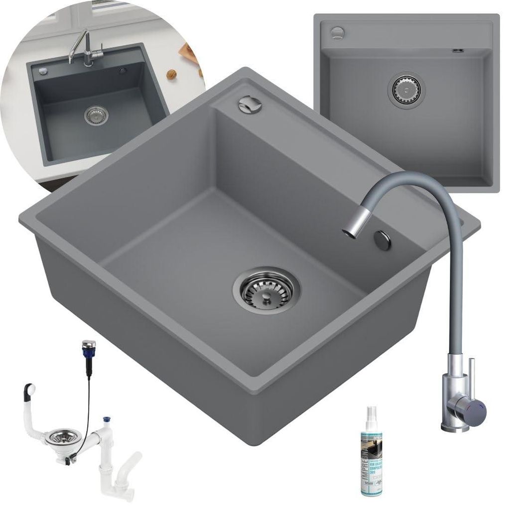 GRANMASTER Granitspüle Grau Set mit flexibler Küchenarmatur, Siphon mit Überlauf Space Saving und Professioneller Imprägnierung, Einbeckenspüle