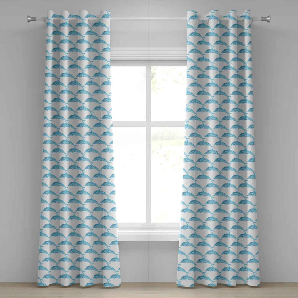 Paire de rideaux décoratifs motifs poissons et dauphins bleu 280x175 cm
