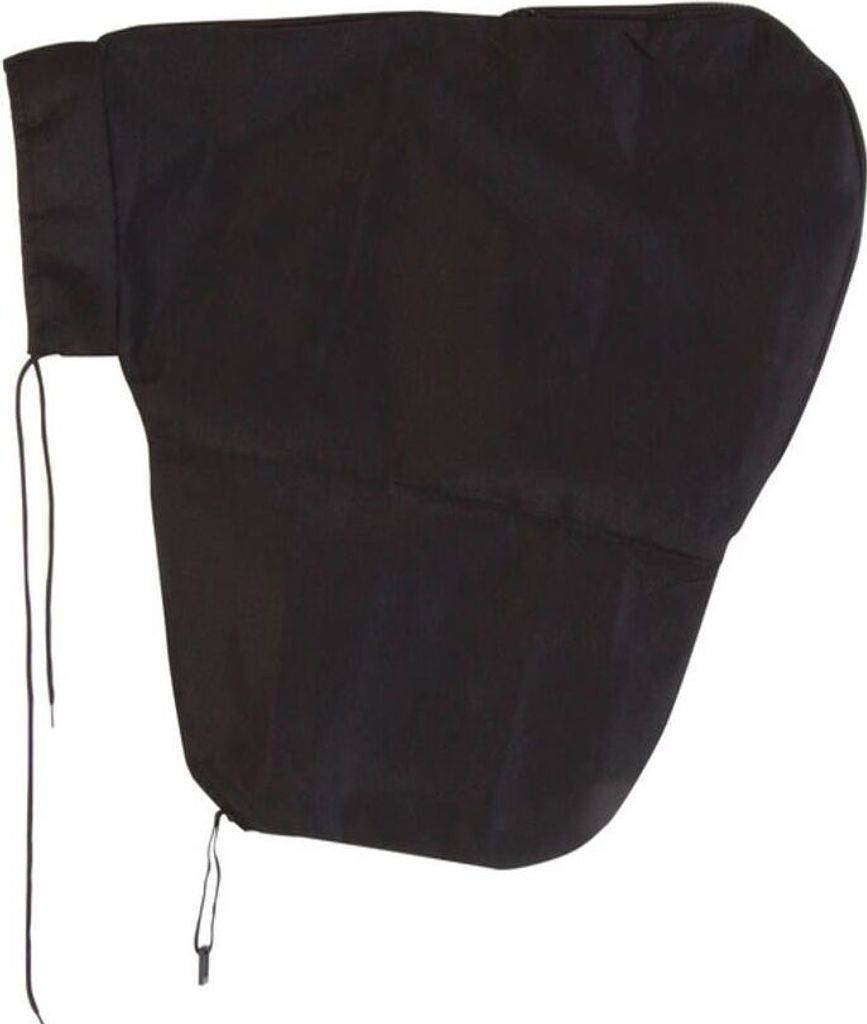 A black fabric cover with drawstrings, likely for protecting an object.