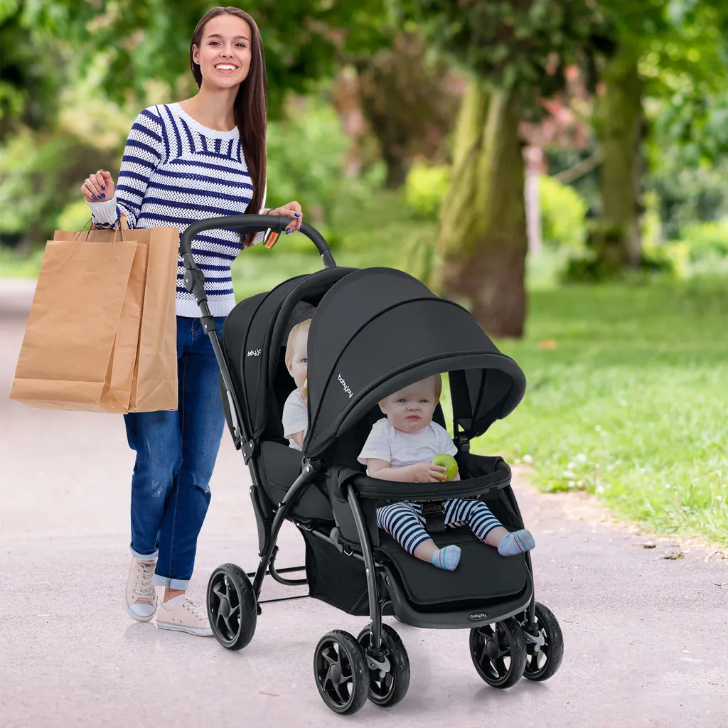 Poussette jumelle pour sorties urbaines pliable et compacte coloris noir