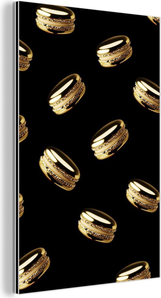 MuchoWow Wanddekoration Metall Metallbild Wandkunst 60x90 cm Makronen - Muster - Gold - Schwarz MuchoWow Aluminium Gemälde - Wandbilder - Aluminium