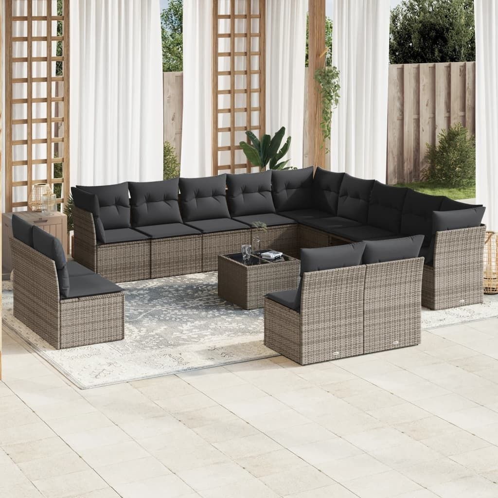 CLORIS 14-tlg. Garten-Sofagarnitur - mit Kissen - Grau Poly Rattan - Gartenmöbelgarnituren LL0000255134