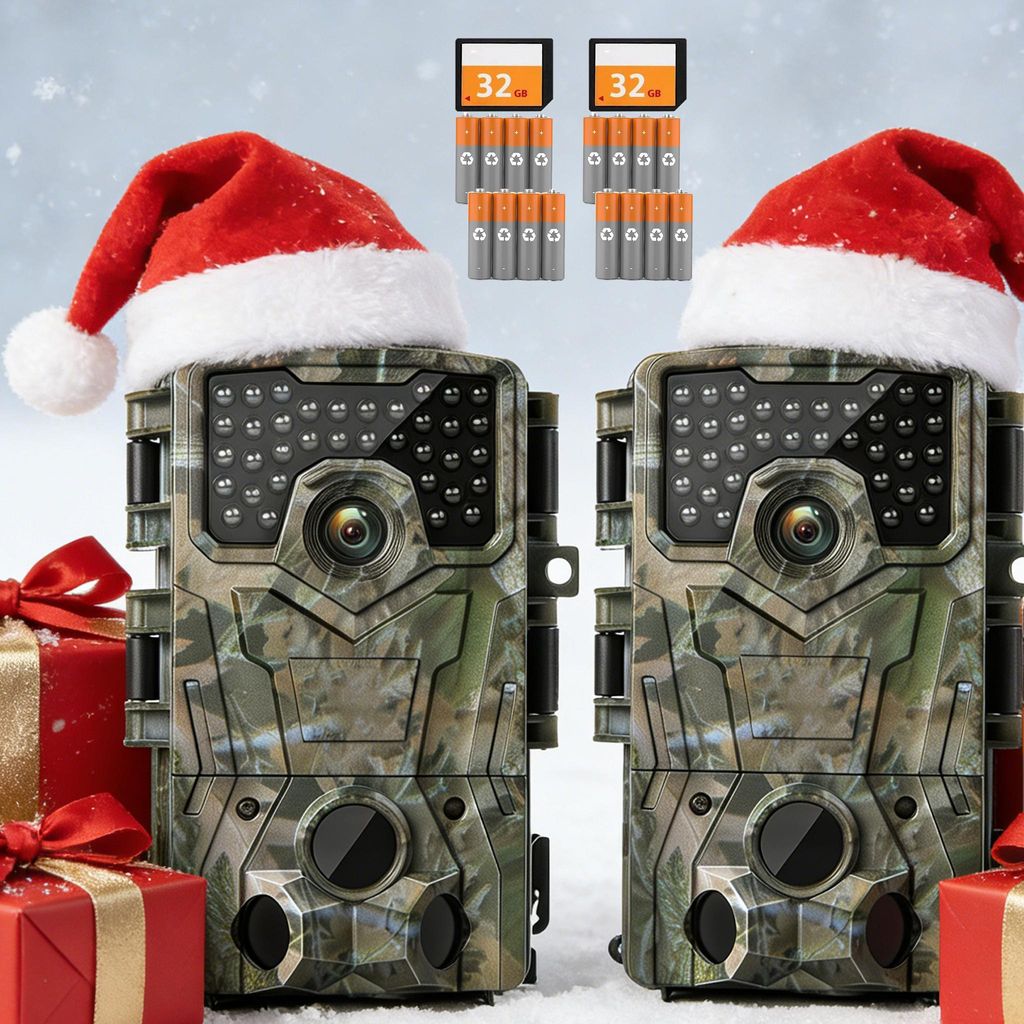 2 Stück Wildkamera mit 32GB Speicherkarte AA-Batterien 4K Video 48MP Wildtierkamera Nachtsicht Bewegungsmelder Jagdkamera 120° Weitwinkel
