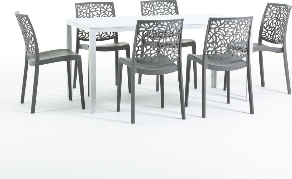 Outdoor-Essset mit rechteckigem Tisch 156x78 cm und 6 stapelbaren Stühlen aus glasfaserverstärktem Harz – modernes Design in Holzoptik, ideal f...