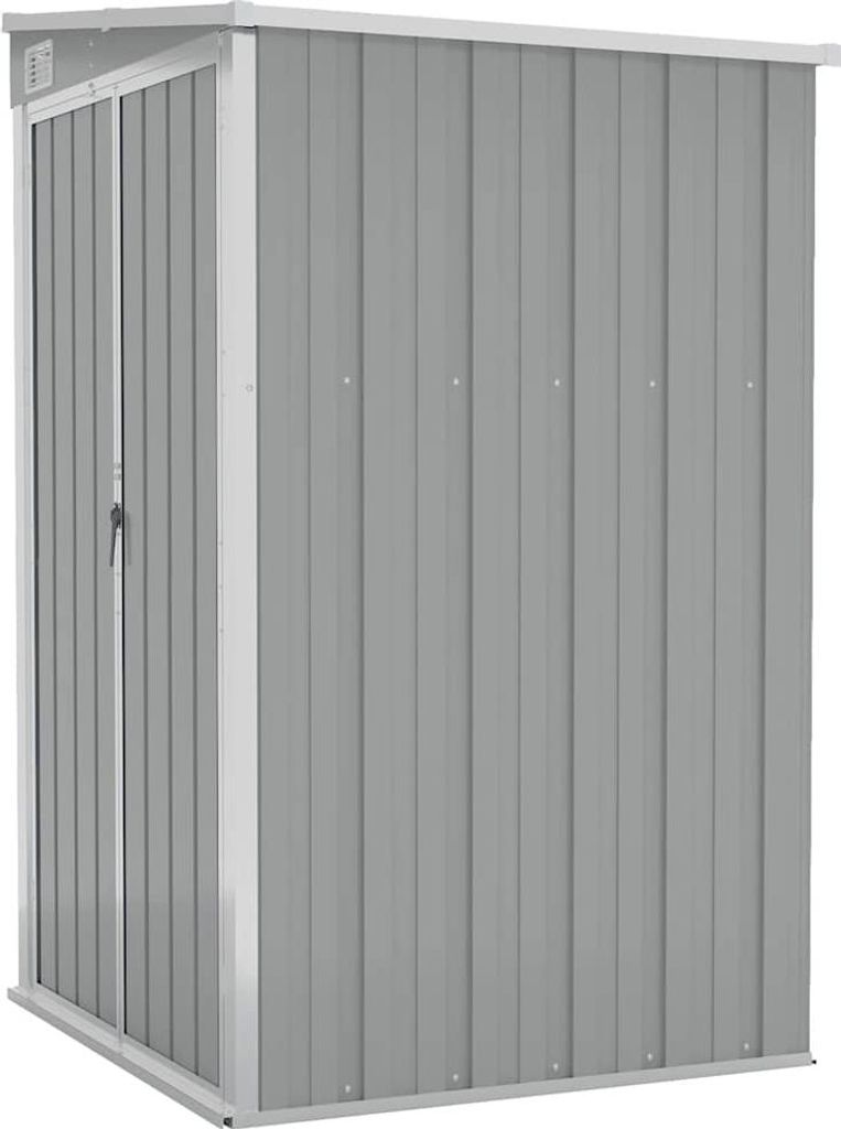 A grey metal shed with a white trim and door is shown against a white background.