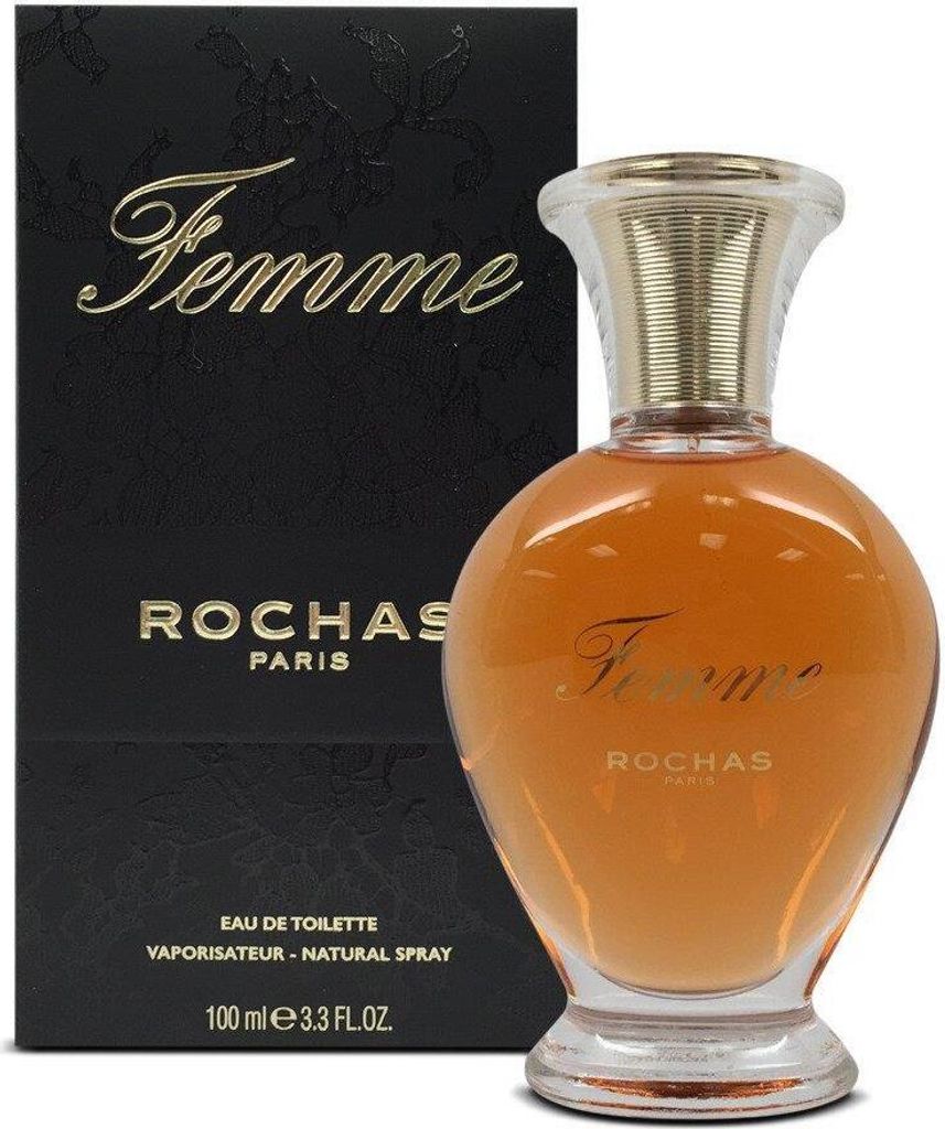 A bottle of Rochas Femme Eau de Toilette and its packaging are displayed against a white background.