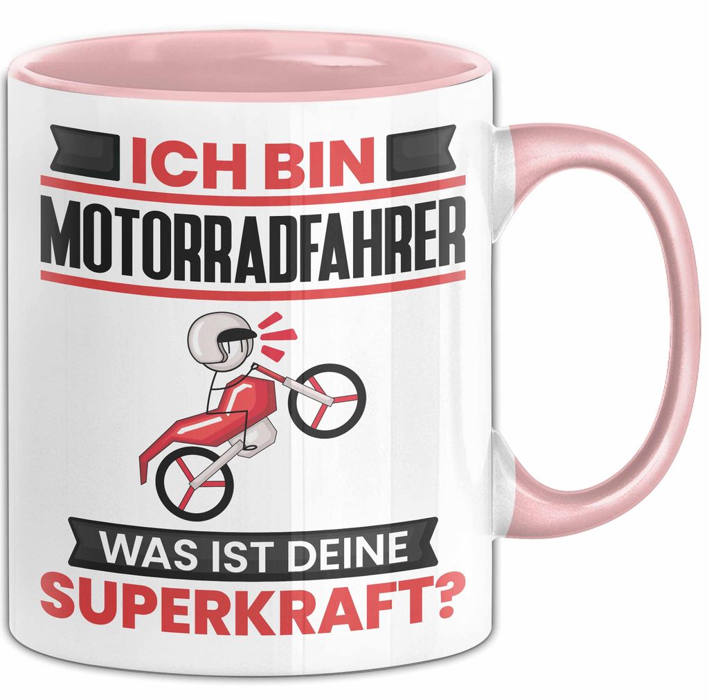 Motorradfahrer Tasse Geschenk für Motorradfahrer Geburtstag Lustiger Spruch Kaffee-Becher Was Ist Deine Superkraft (Rosa)