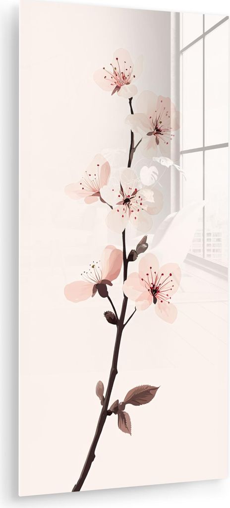 MuchoWow Glasbilder - Bilder auf Wandbild - Foto auf Glas Minimalistisch - Blüte - Zweig - Rosa 60x120 cm Wanddekoration aus Glas - Acrylglasbild ...