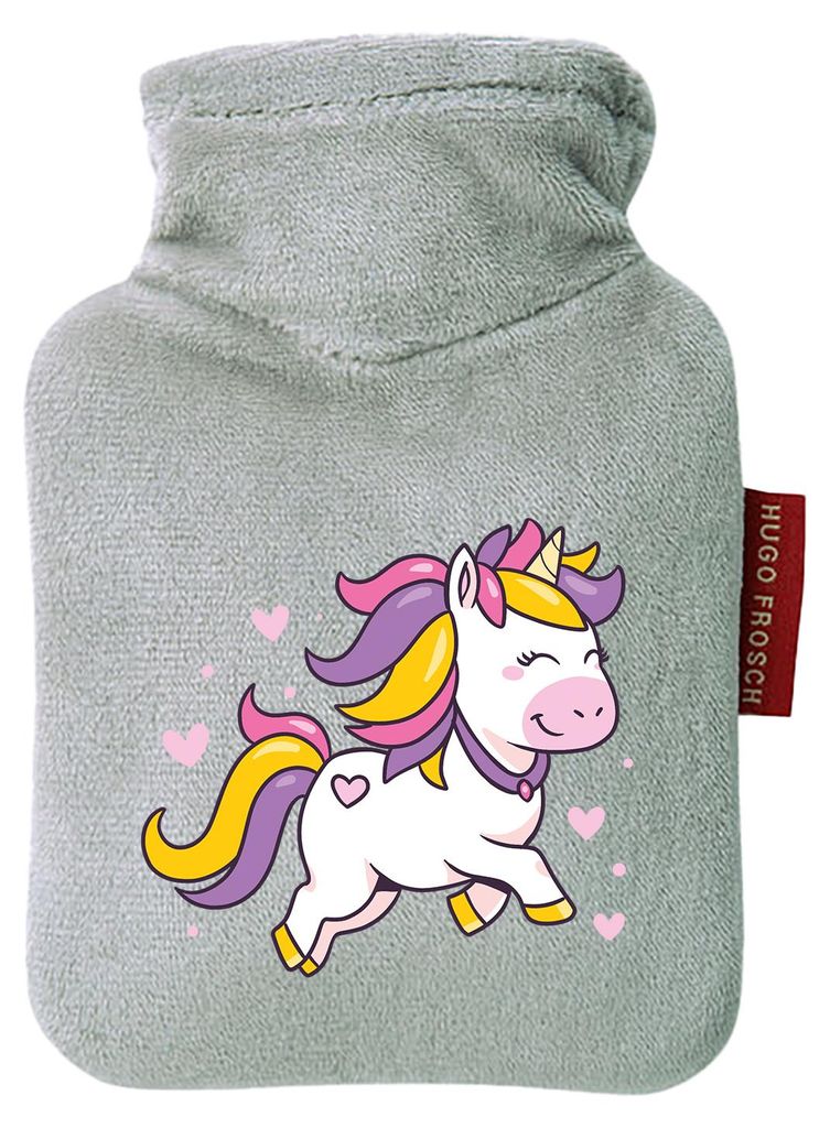 Huuraa Mini-Wärmflasche Einhorn Comic 0,2 Liter Grey Mini Veloursbezug Taschenwärmer Geschenkidee