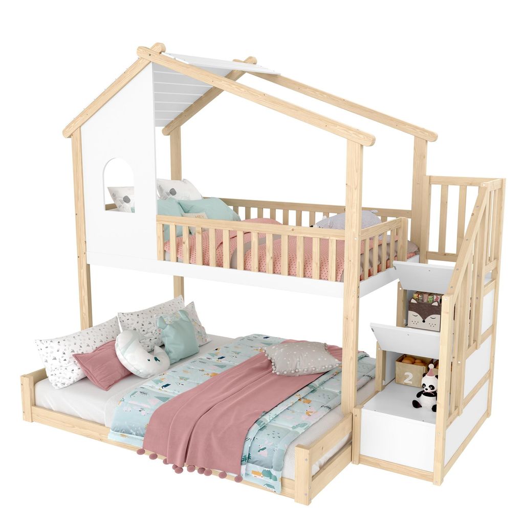 Etagenbett mit 2 Schlafgelegenheiten, Stauraum, Treppe und Rausfallschutz und Lattenrost, 90x200cm/140x200cm, Kinderbett, Kiefer