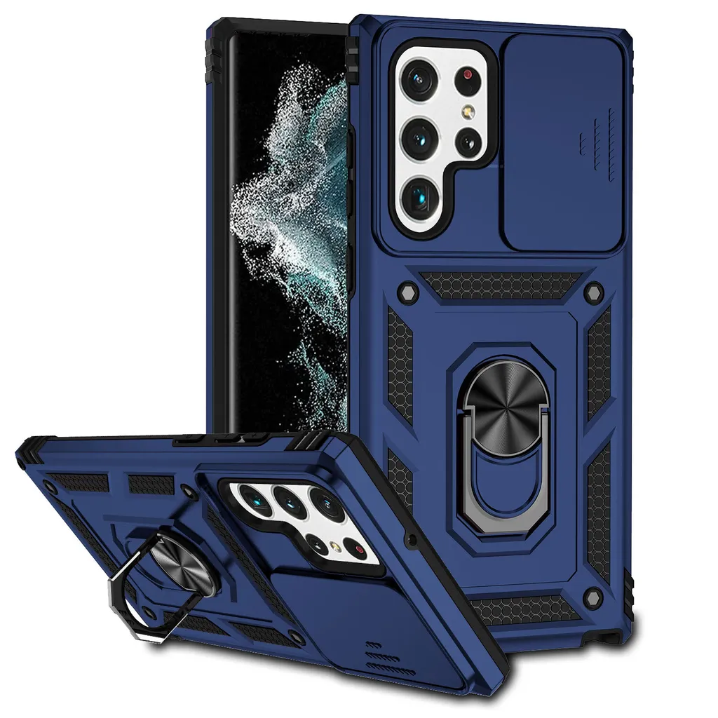 Cover S23 Ultra Doppio Strato con Anello e Copri Camera - Colore Blu