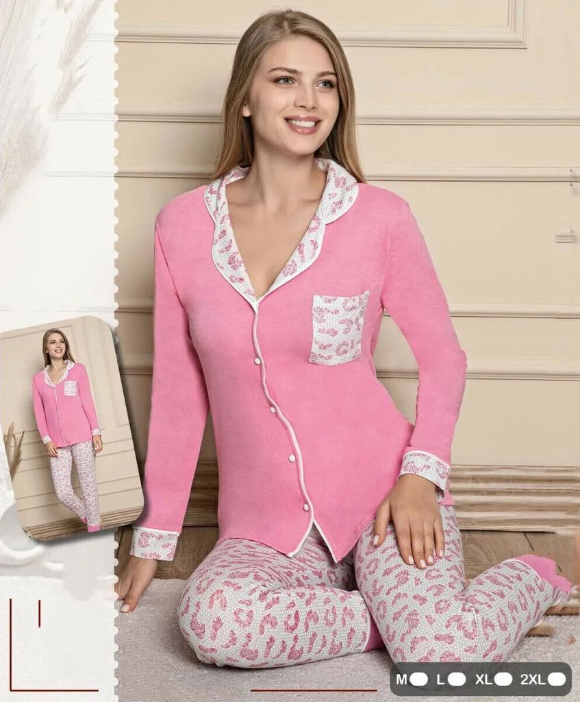 Damen Pyjama Schlafanzug Lang Baumwolle Rosa XXL mit Knöpfen 2 Teiler Warm A-93