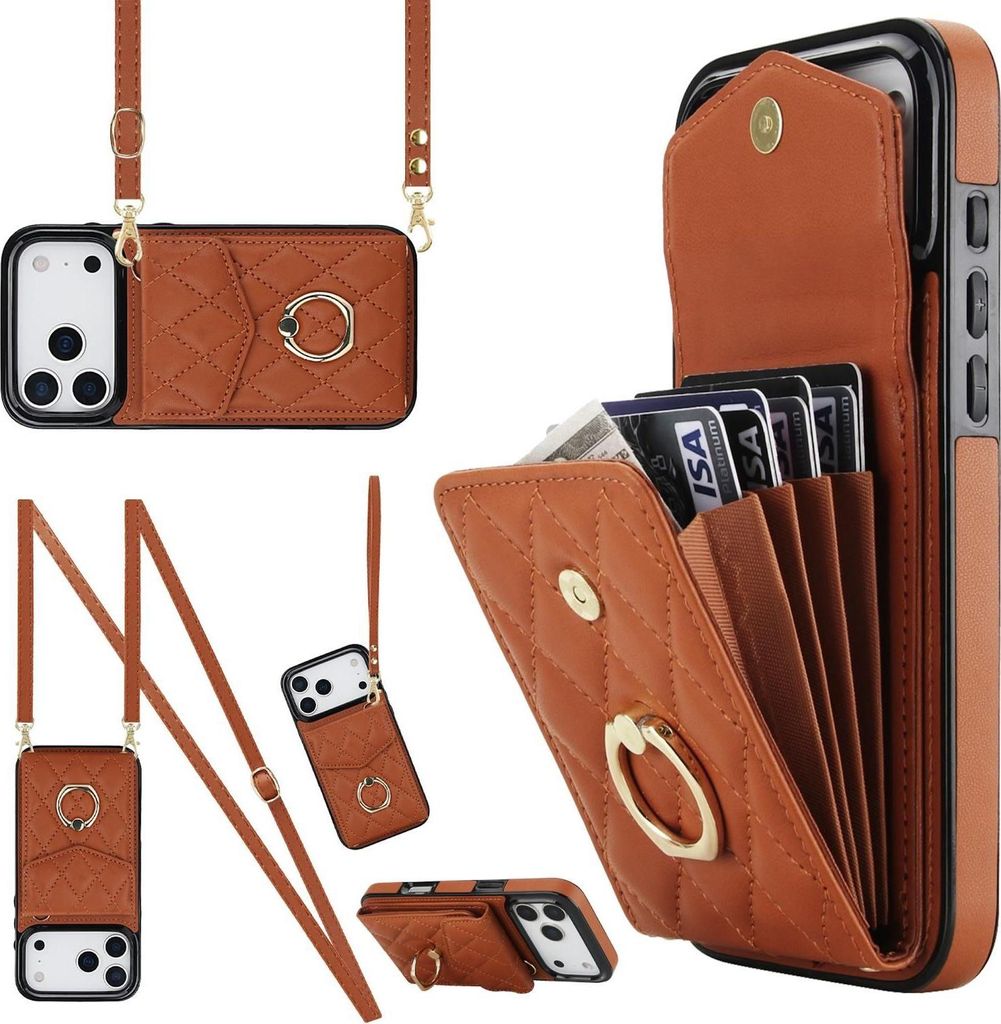 Crossbody Kunstleder Hülle für Apple iPhone 17 Pro Max mit Rhombic Muster & RFID Kartenfach Braun