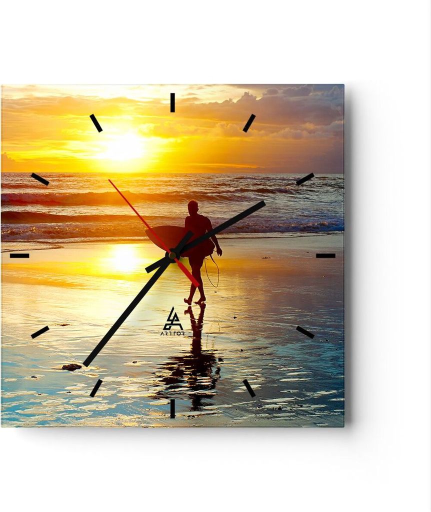 Wanduhr - Quadrat - Glasuhr - Surfer sonnenuntergang ozean brett - 30x30cm - Schleichendes Uhrwerk - Lautlos - zum Aufhängen bereit - Dekoration M...