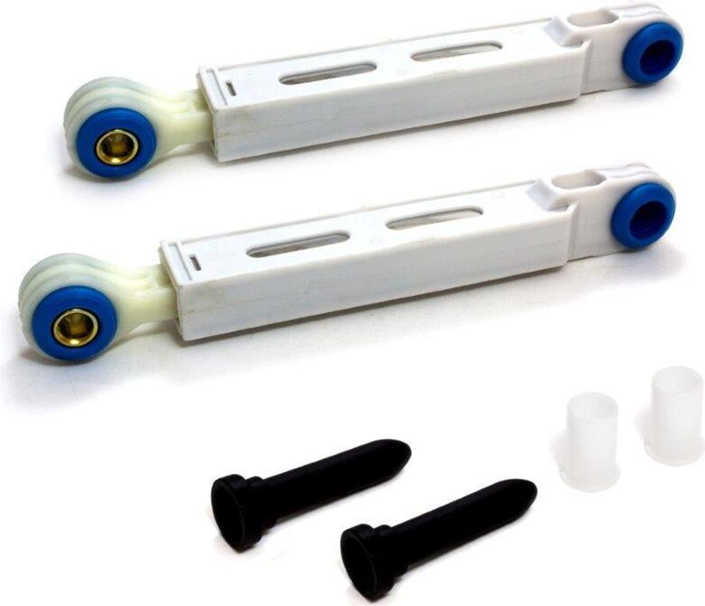 Two washing machine shock absorbers and four black and white plastic accessories are displayed against a white background.