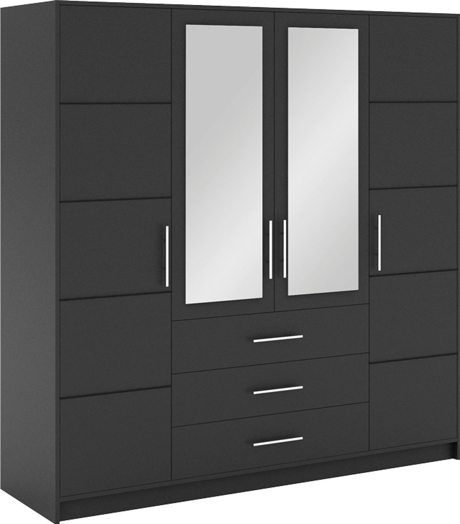 Drehtürenschrank Nancy D4, 4 Türen Kleiderschrank mit Spiegel, Moderne Garderobe, Schrank Größe: 196 x 200 x 58 cm