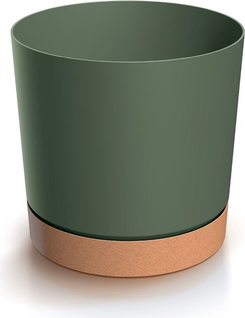 A green planter with a brown base.