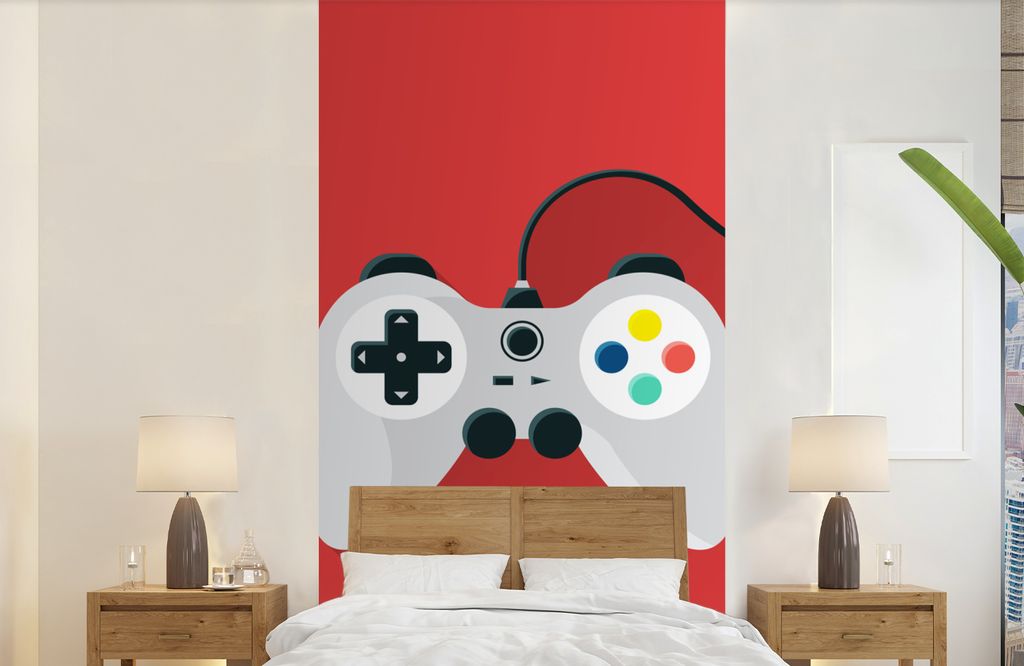 MuchoWow Fototapete für Wohnzimmer oder Schlafzimmer Wandtapete Vinyl Motivtapete Controller - Spiele - Rot - 120x240 cm - Hintergrundbild