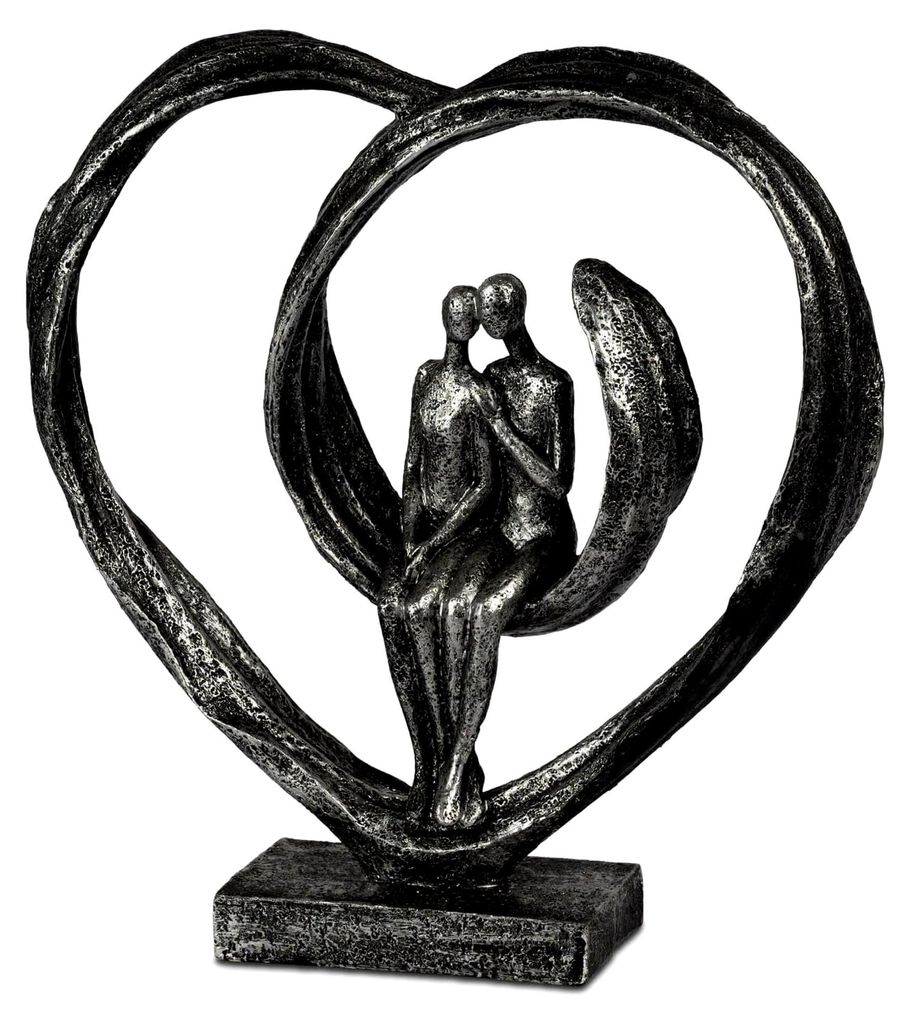 Dekofigur Liebespaar Herz aus Polyresin Skulptur 26 cm - Schwarz Silber - Romantische Deko für Zuhause und Geschenkidee zum Valentinstag, Hochzeit...