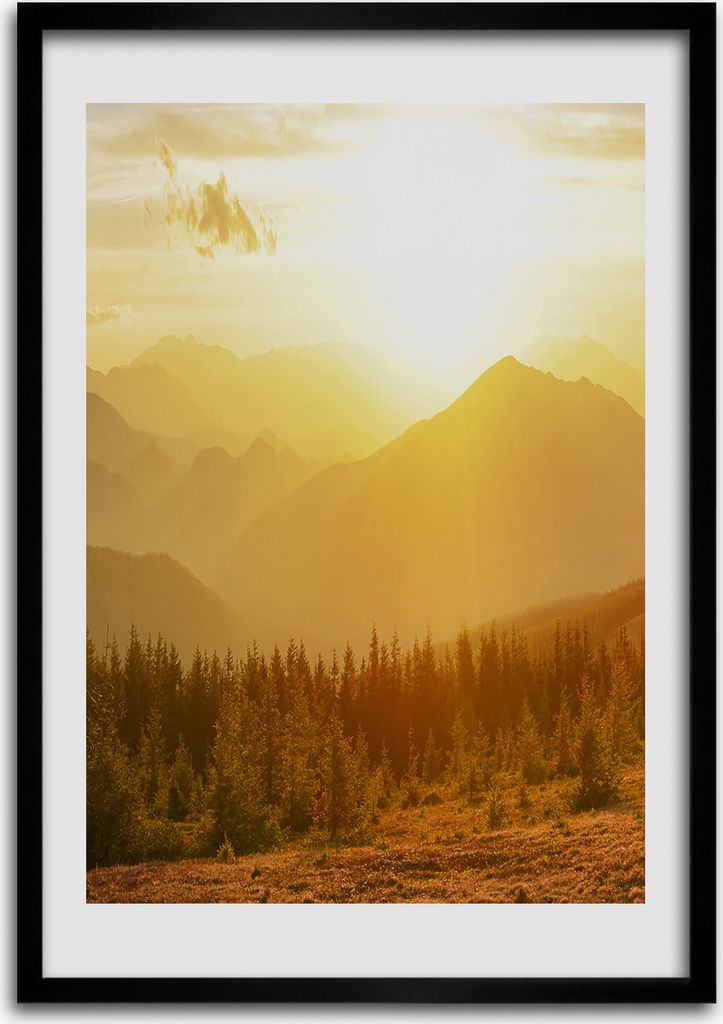Bild - Bilderrahmen - 50 cm x 70 cm - MDF - Rahmen - Wandkunst Sonnenuntergang Berge