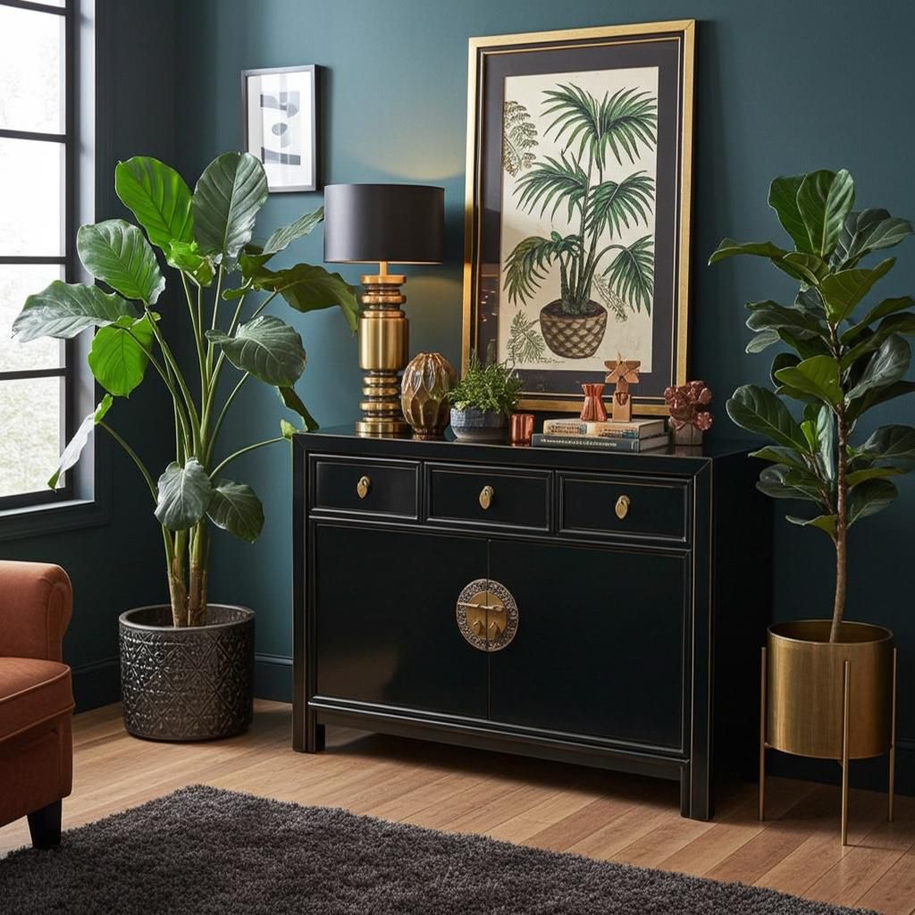 OPIUM OUTLET Chinesische Kommode Asia Sideboard orientalischer Schrank asiatische Vintage Möbel Anrichte Hochzeitsschrank komplett montiert schwarz