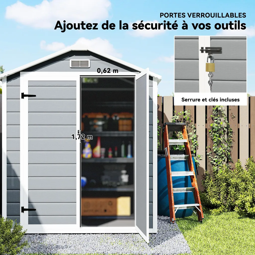 Abri de Jardin avec Fenêtre et Grille d'Aération en Résine Grise 2,1m² - 4