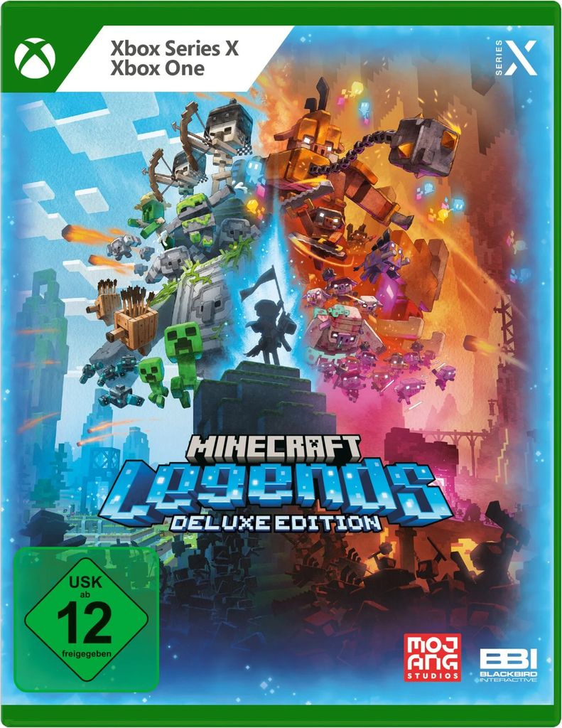 The image shows the front cover of the video game 'Minecraft Legends - Deluxe Edition' for Xbox Series X/S and Xbox One.