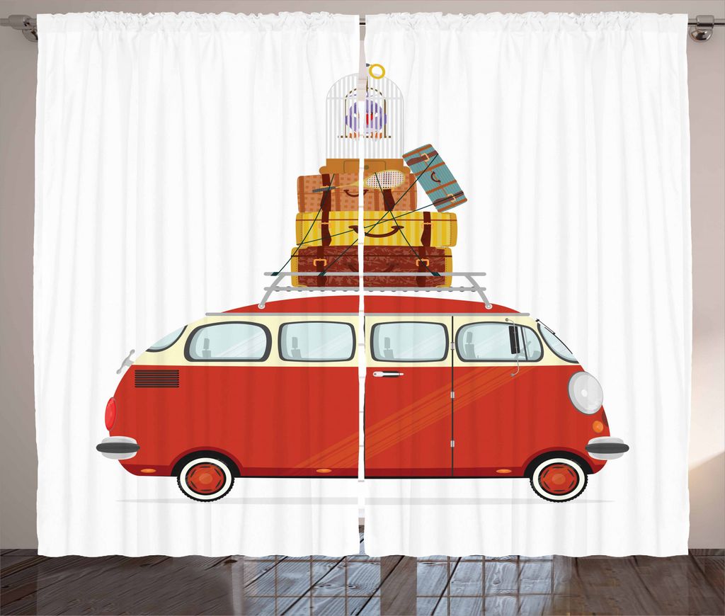 ABAKUHAUS Wohnmobil Rustikaler Vorhang, Cartoon Retro Minivan, Wohnzimmer Universalband Gardinen mit Schlaufen und Haken, 280 x 245 cm, Mehrfarbig