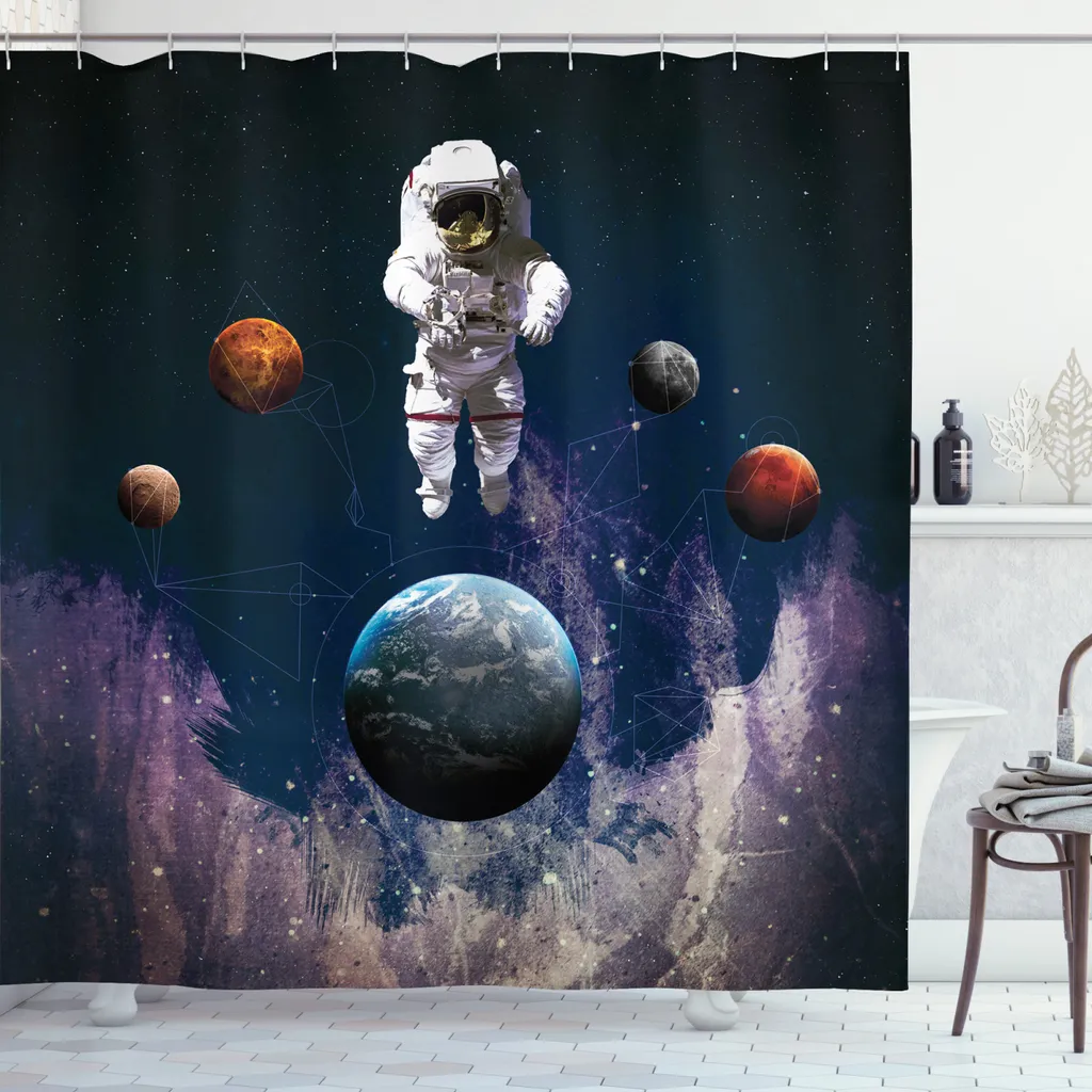 Set Bagno 4 Pezzi Con Astronauta E Balena, Tenda Doccia Impermeabile 180x180 Cm, Tappeto, Copriwater E Tappetino, Poliestere