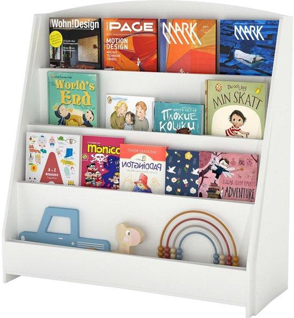 Unyqoos Weiße Kinderzimmer-Buchstütze mit 4 Fächern für Bücher und Spielzeug, kindgerecht und stabil