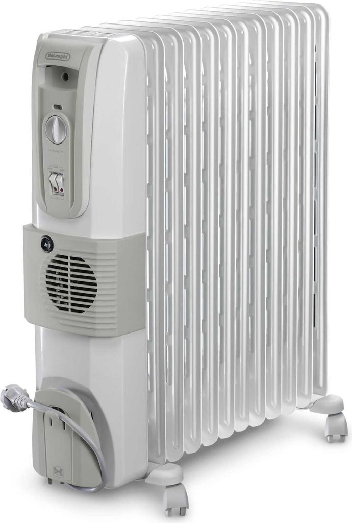 A white and gray oil-filled radiator with wheels.