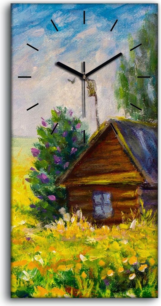 Dekor Leinwand Uhr Wandbilder 30x60 Gemälde Wiese Hütte Himmel Blumen Landschaft - schwarze Hände