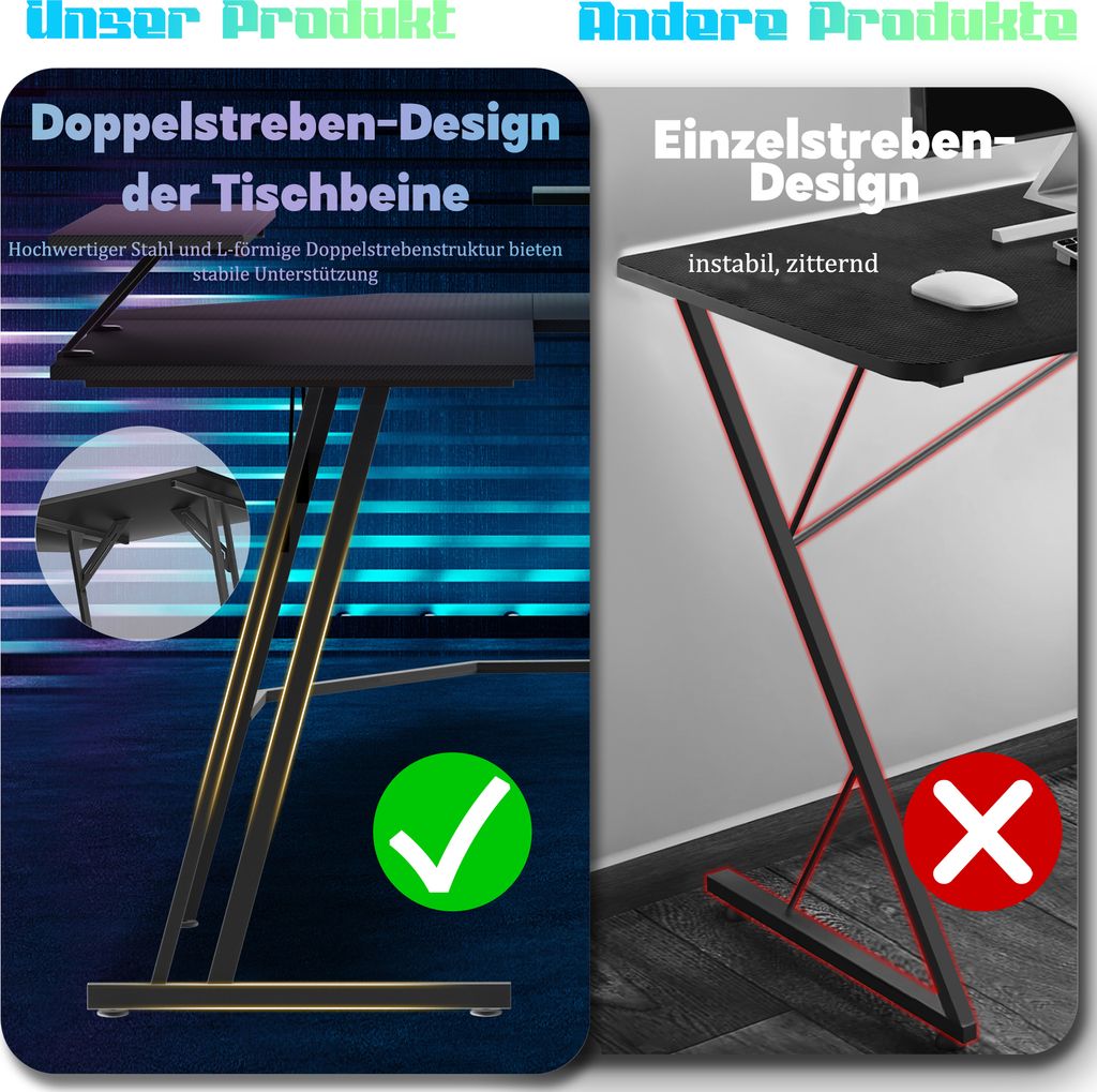 XMTECH biurko w kształcie litery L czarne, stół do gier w Zdjęcie produktu 3