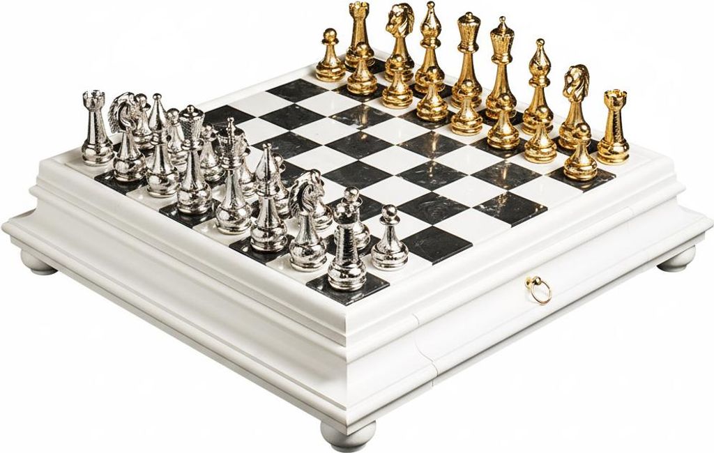 Italienisches Luxus-Schachset mit Arabescato-Marmor und praktischer Schublade, 47×47 cm