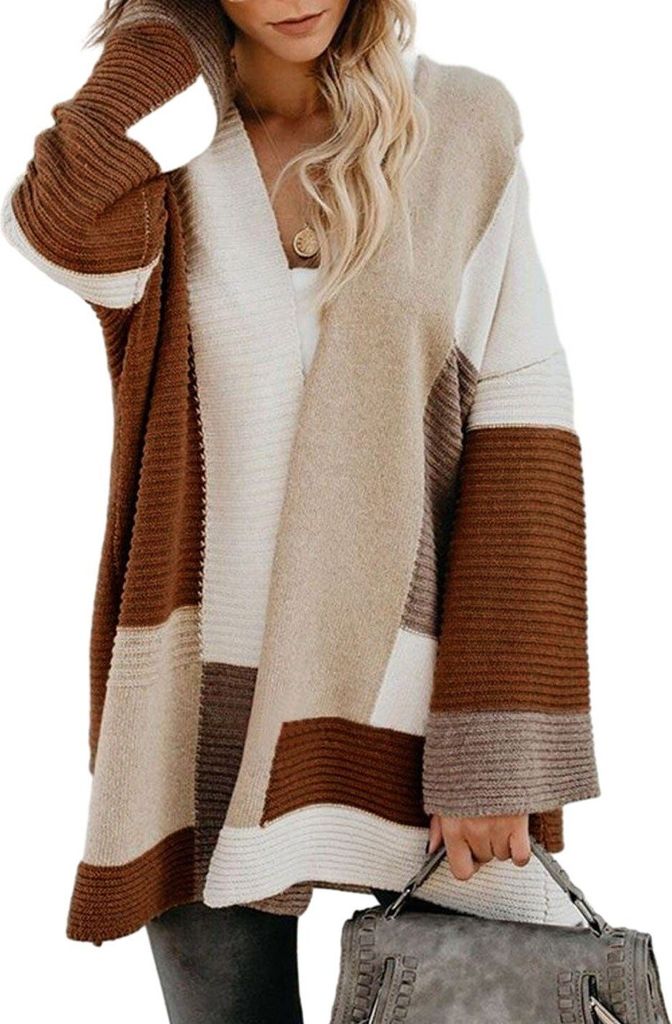 Damen Strickjacken in Boho-Stil, Offene Front, Farbblock-Design, Langärmlig, Locker und Übergroß, Leichte Strickwaren