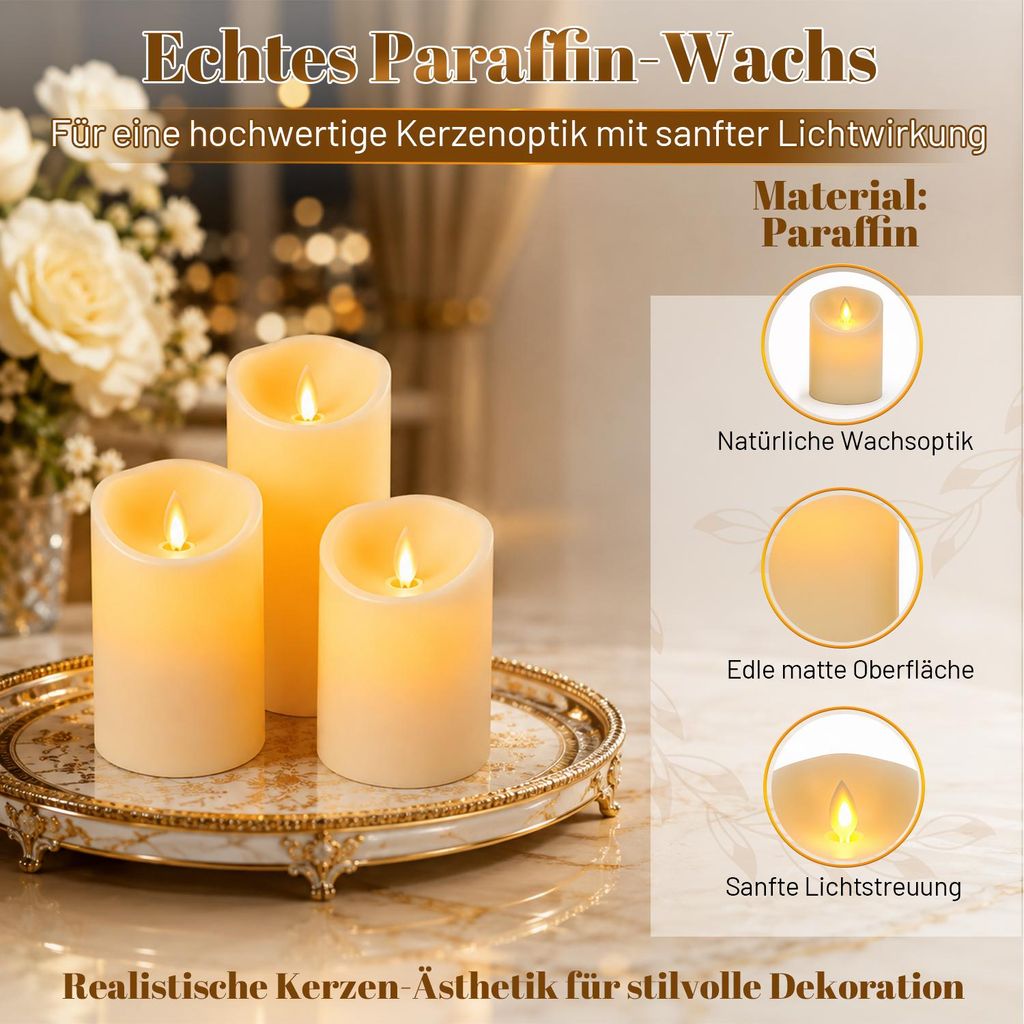 Ikodm LED Kerzen Echtwachskerzen 3er Set aus Paraffinwachs