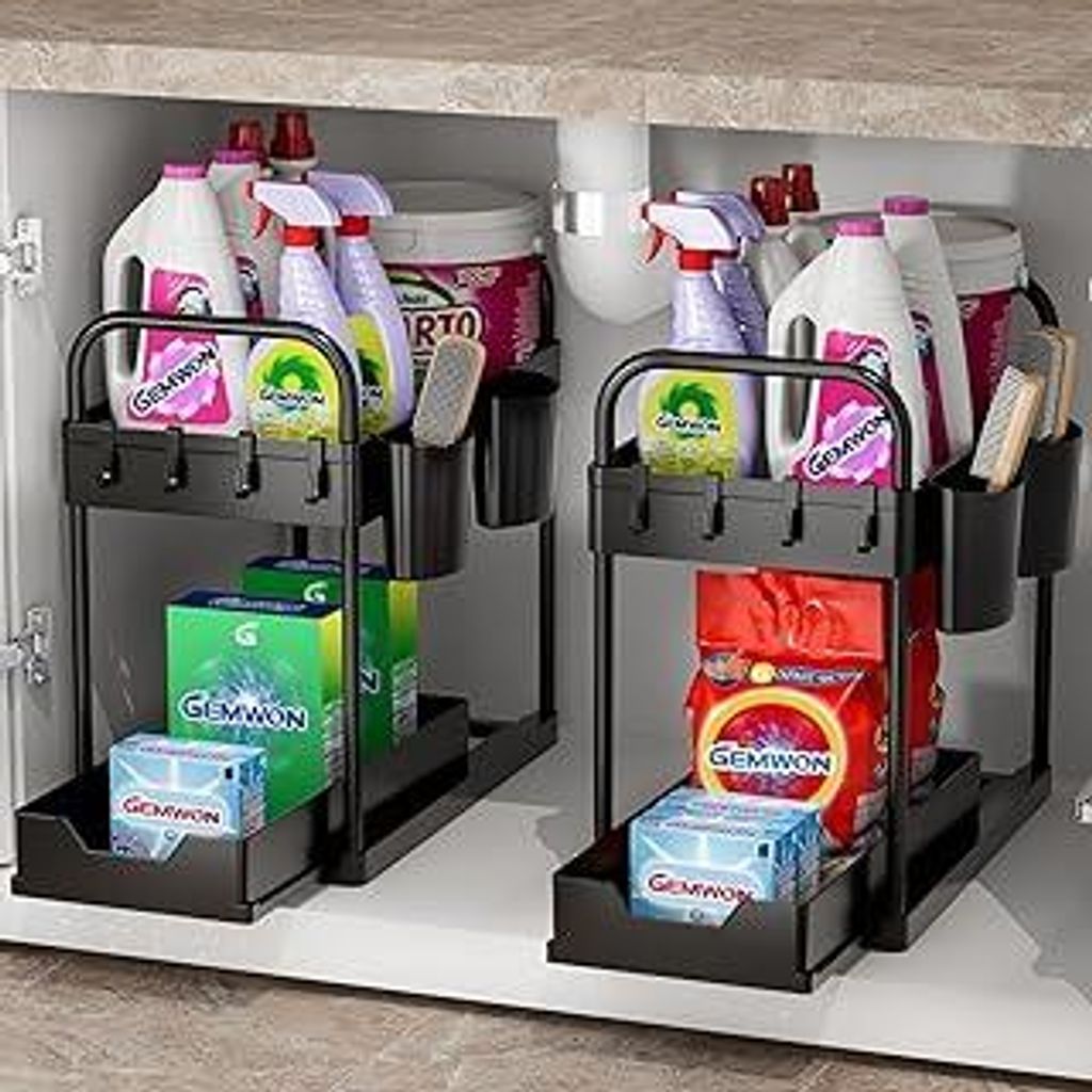 GEMWON 2X Küchen Organizer – 2 Etagen Unter Waschbecken Regal mit 4 Haken & 2 Bechern, Spülschrank Aufbewahrung, Badezimmer Regal, Ordnungssyst...
