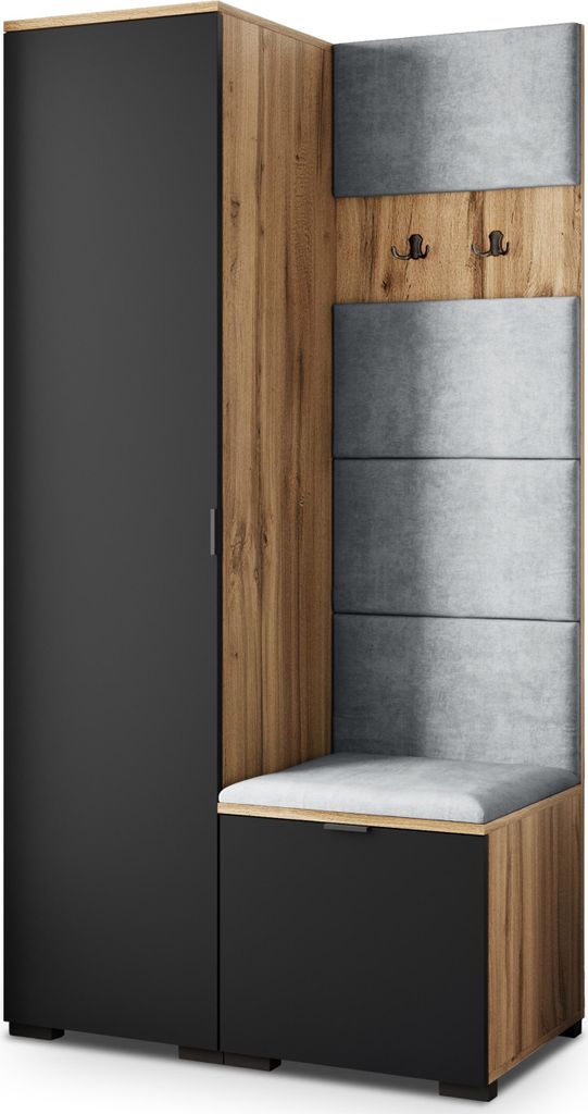 Masseno Garderobe-Set LORI 95/181/51 cm Modern Garderobenschrank Eiche Wotan, Veloursstoff MONOLITH 84 (Hellgrau)